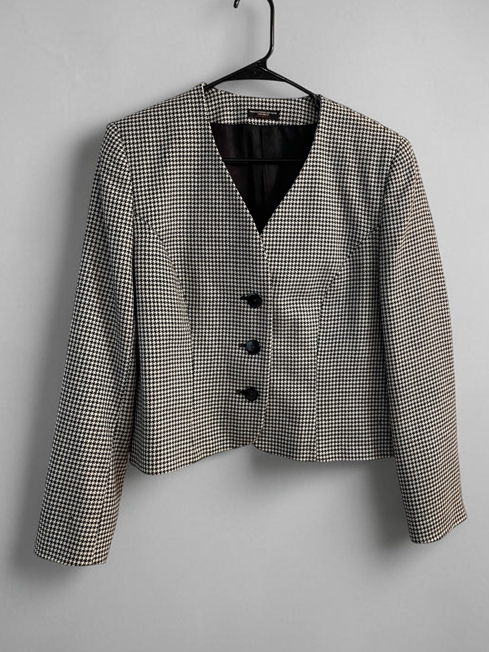Vintage Bowdon Houndstooth Wool Blend Cropped Blazer Jacket Black White M